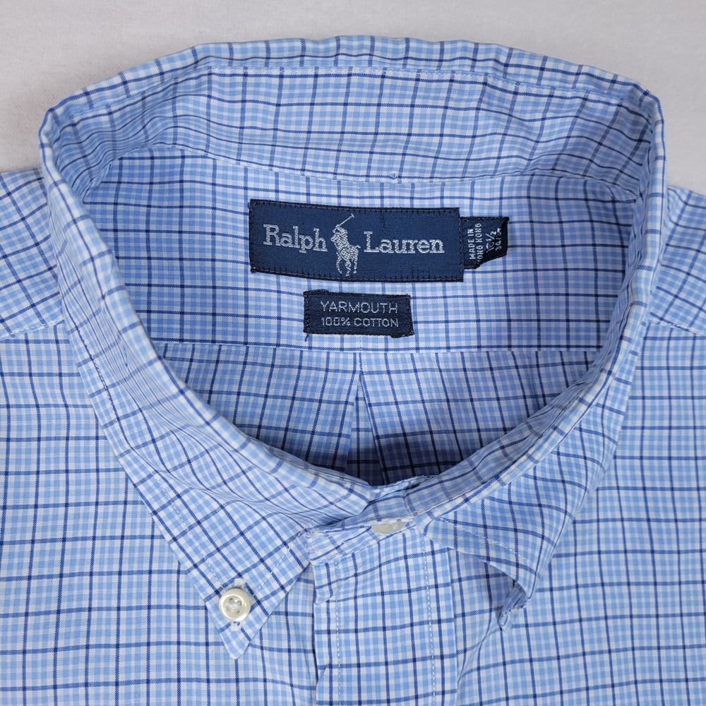Ralph Lauren Shirt Mens 16 1/2 Blue Yarmouth Cotton Check Button Down - Picture 3 of 7